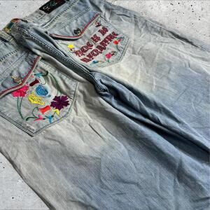 Coogi Baggy Y2K Skater‎ Faded Blue Colorful Embroidery Denim Shorts Size 42
